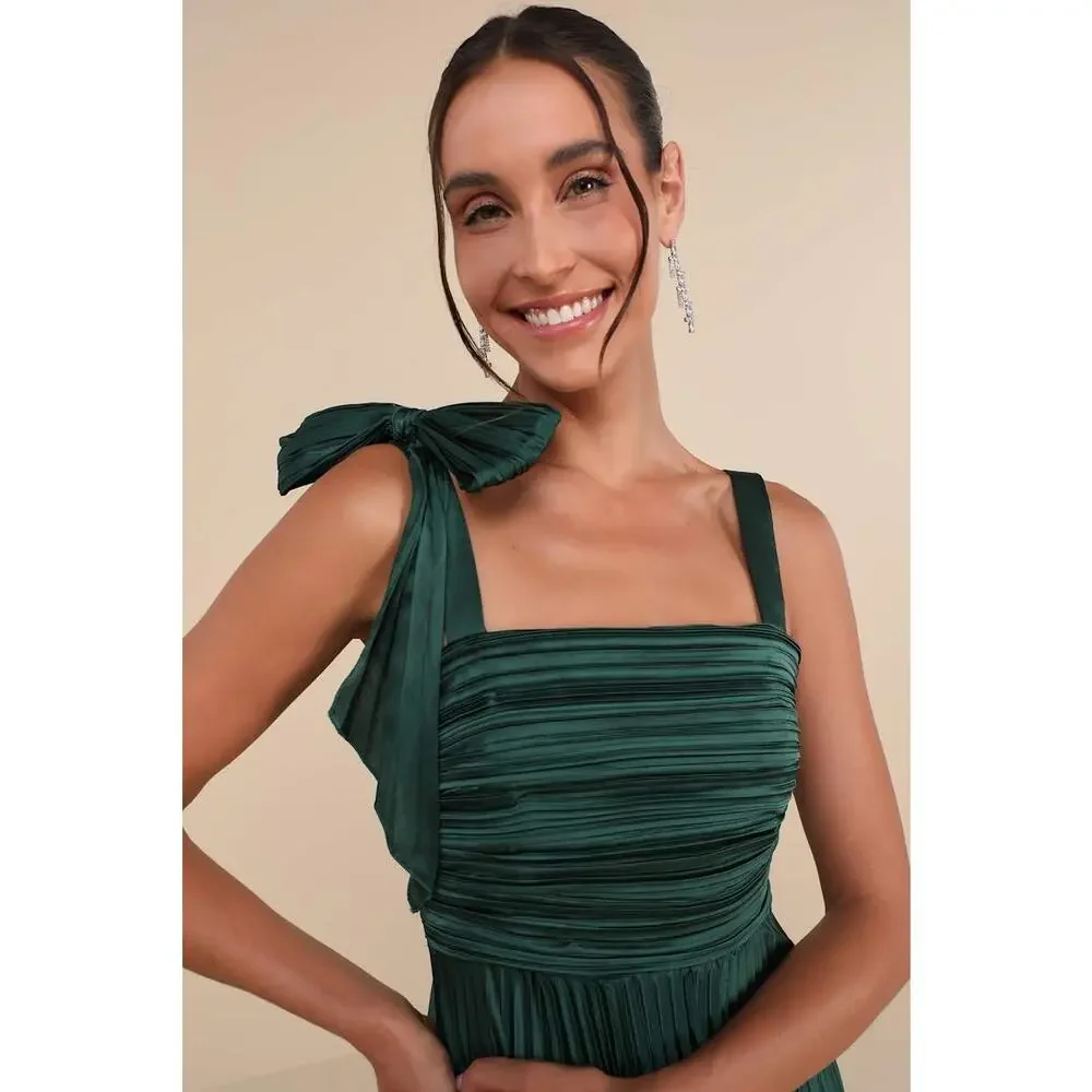 NEW Lulus Emerald Green Gorgeous Purpose Satin Pleated Sleeveless Bow Maxi Dress - Picture 7 of 16